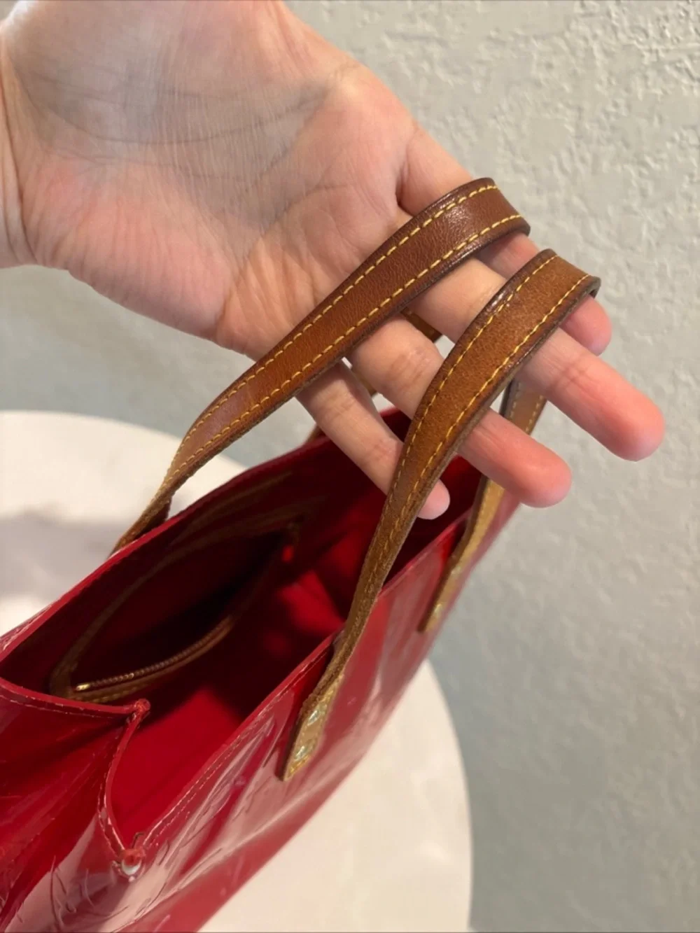 Louis Vuitton Red Patent
Monogram Vernis Tote with Tan Handles - Picture 10 of 16